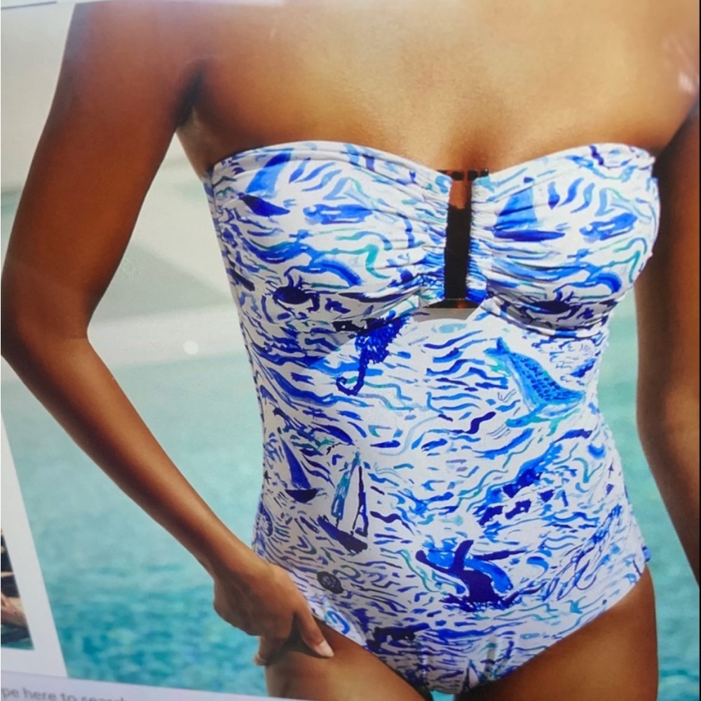 Anthropologie Blue and White Artistic One-Piece Swimsuit